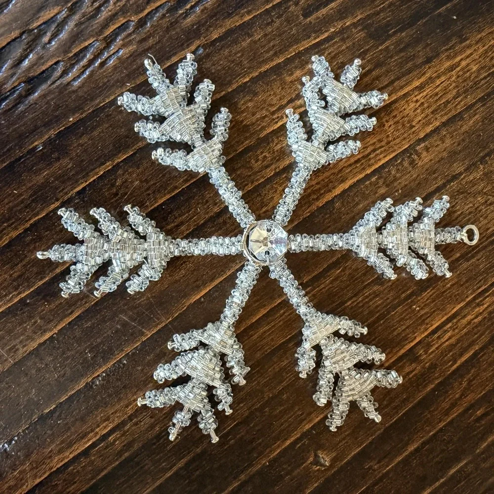 Silver Beaded Snowflake Bauble Ornament Glass Wire Rhinestone Christmas Decor